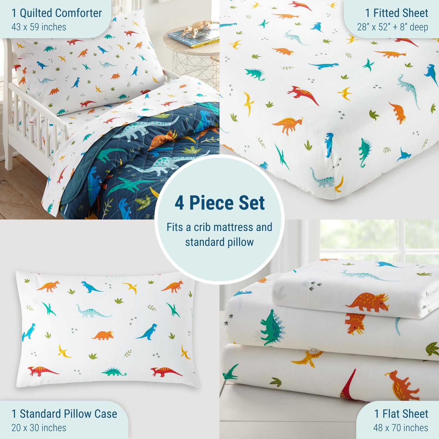Wildkin 4-Piece Toddler Bed In A Bag - Cotton Comforter, Sheets & Pillowcase For Cozy Cuddles - Jurassic Dinosaurs
