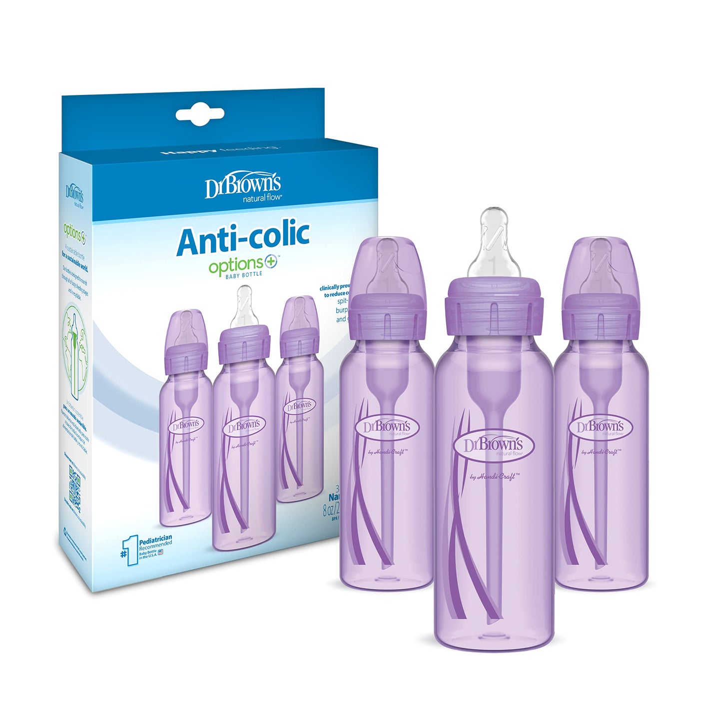 Dr. Browns Natural Flow Anti-Colic Options+ Narrow Baby Bottles 8 Oz/250 Ml, With Level 1 Slow Flow Nipple, 3 Pack, 0M+ Purple
