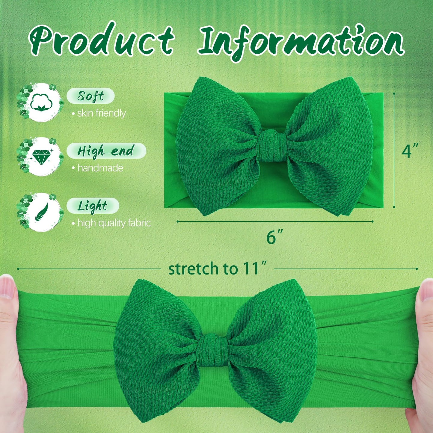 Oneninedream Hairband, St.Patrick'S Day Hair Accessories For Infant Baby Girls, Green Headbands With Bows, Shamrock Print, Nylon