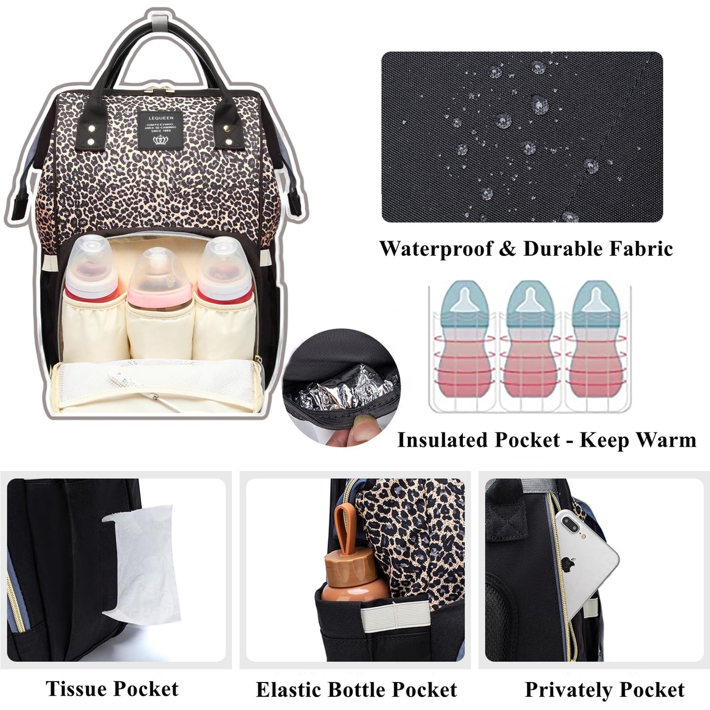 Armbq Leopard Print Diaper Bag Backpack Multi-Function Diaper Bag For Baby Care Waterproof Travel Baby Bag For Mom Coffee