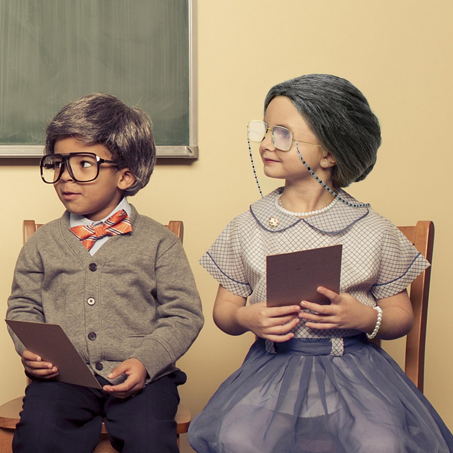Huskein 100 Days Of School Costume, Old Lady Cosplay Silver Bun Wig Glasses Wig Cap Pearl Necklace Bracelet Accessories For Girl