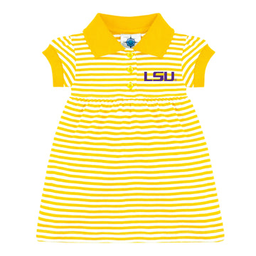 College Baby Striped Game Day Polo Dress With Bloomer - Louisiana State Tigers Lsu Logo - Gold/White - 12 Months