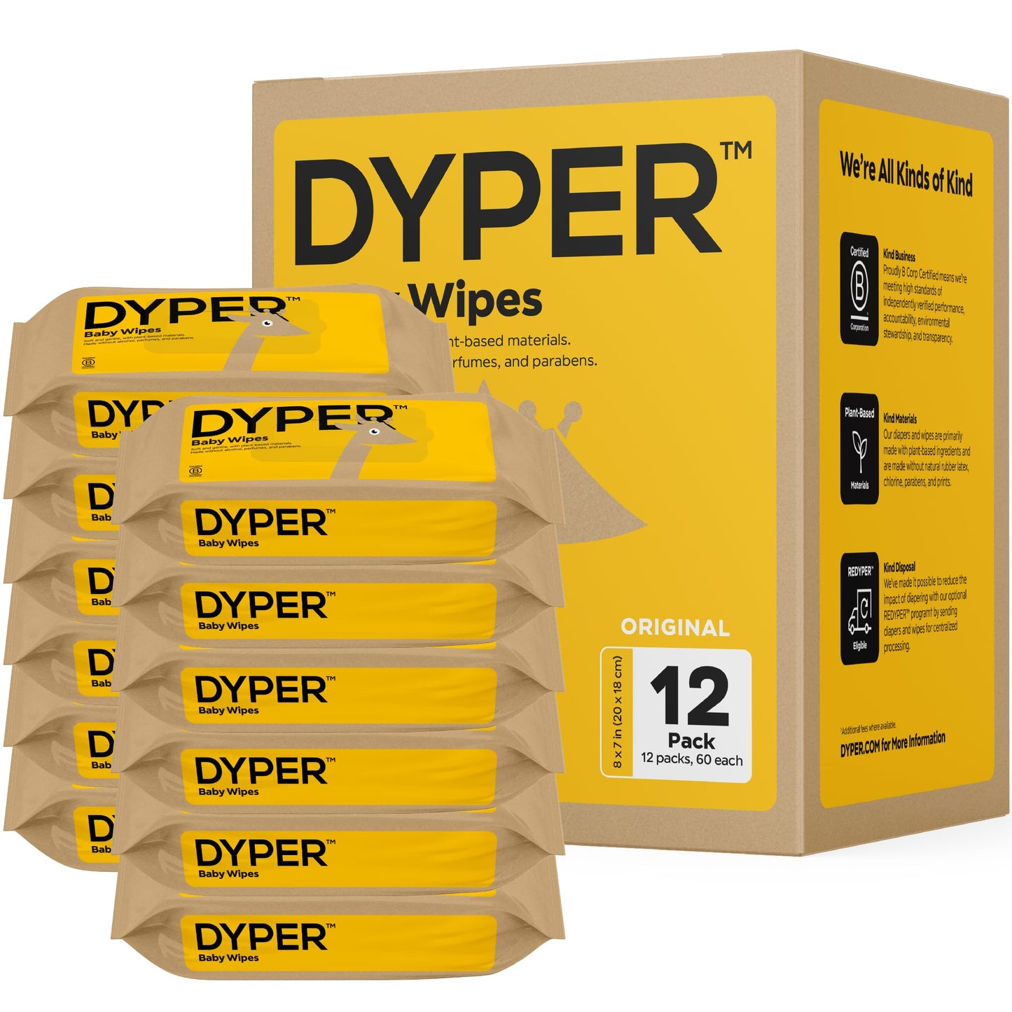 Dyper Baby Wipes | 99% Water | 100% Plant-Based | Hypoallergenic For Sensitive Skin | Fragrance Free | Plastic-Free | 12 Pack, 7
