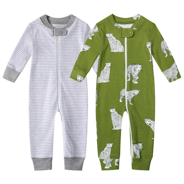 Owlivia Organic Cotton Baby Boy Girl Zip Up Sleep N Play, Footless, Long Sleeve(0-3 Months, Green Cheetah & Stripes)