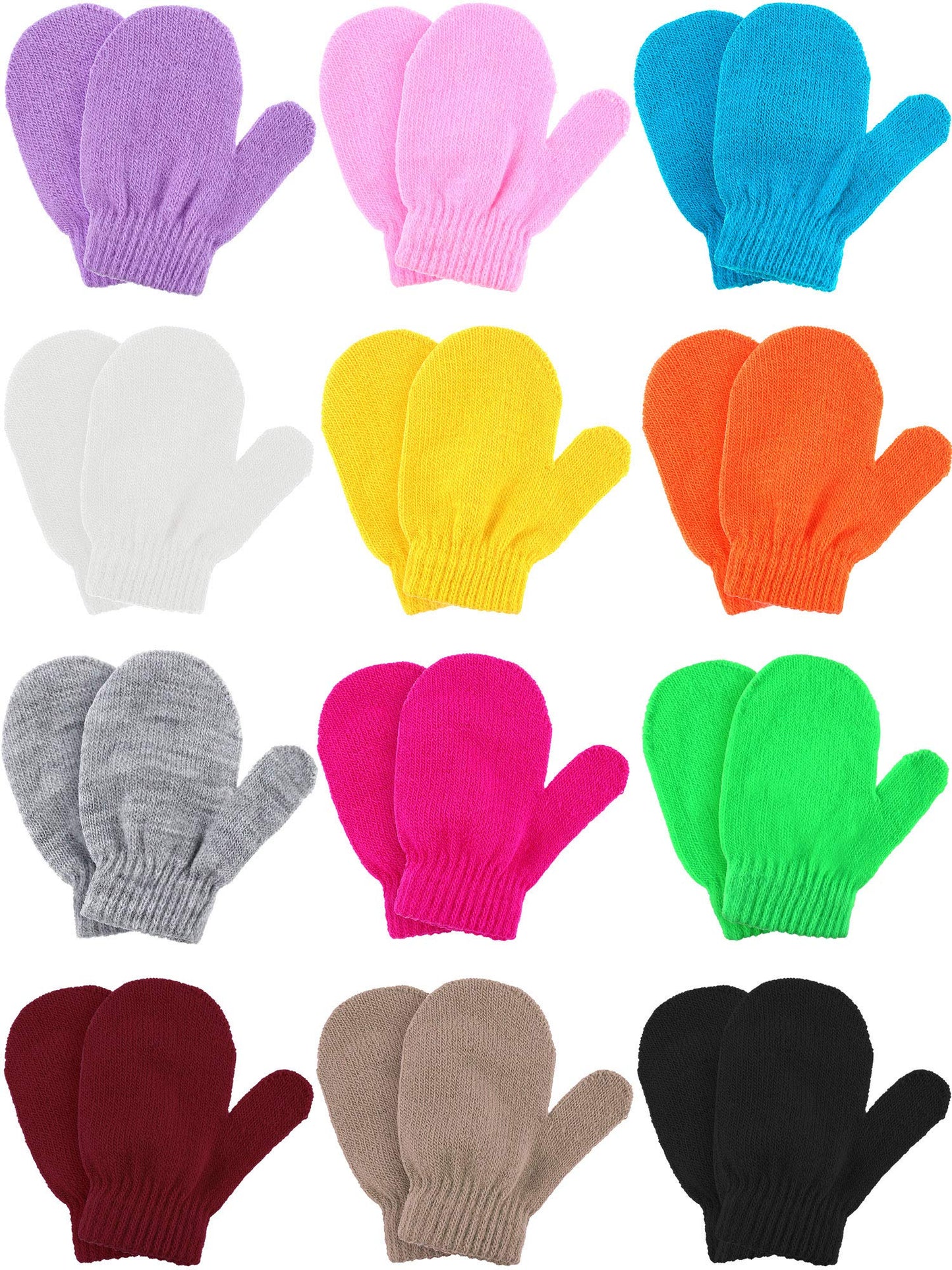 Boao 12 Pairs Toddler Mittens Bulk Kids Winter Knit Gloves pack Childrens Stretch Mittens for Toddler Boys Girls(Black, Khaki, C