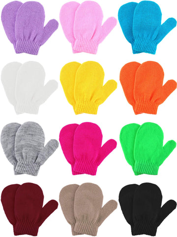 Boao 12 Pairs Toddler Mittens Bulk Kids Winter Knit Gloves pack Childrens Stretch Mittens for Toddler Boys Girls(Black, Khaki, C