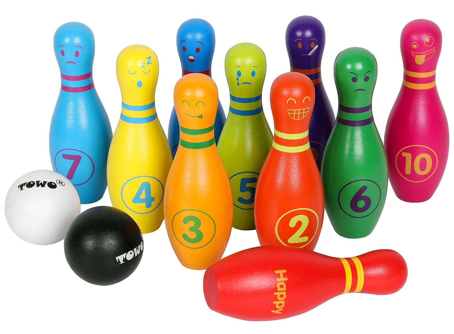 TOWO Wooden Skittles for Children - Wooden Skittle Set with Animal Faces and Numbers - 10 Pin Bowling Set for Kids Garden Toys-