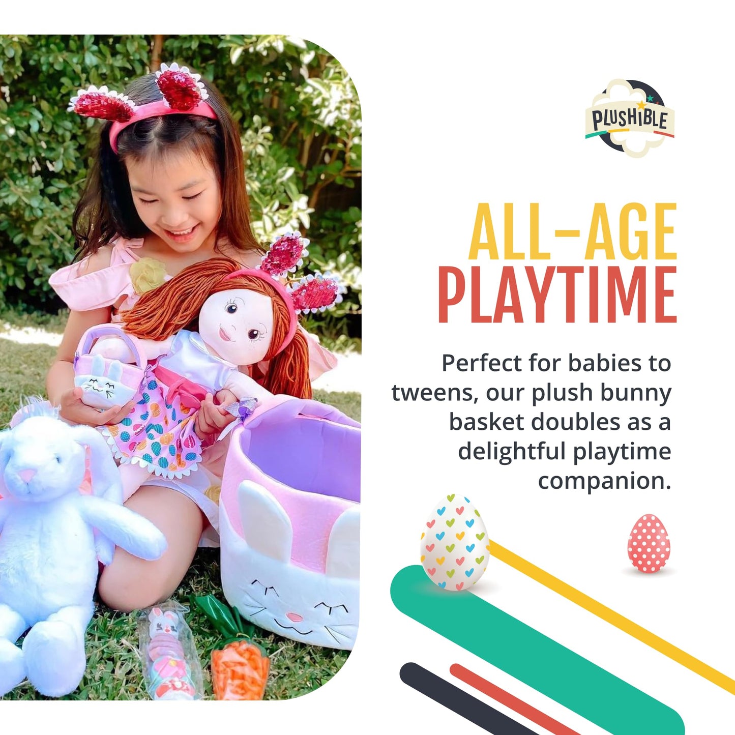 Plushible Bunny Easter Basket With Handle - Ideal For Baby'S 1St Easter, Toddlers, Boys, And Girls Of All Ages, Perfect For Gift