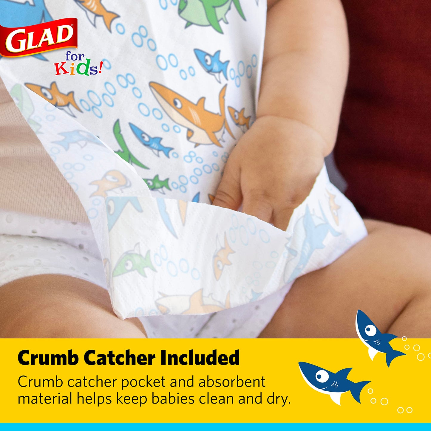 Glad For Kids Shark Disposable Paper Bibs With Crumb Catcher For Feeding - Absorbent And Leakproof Eating And Travel Essentials