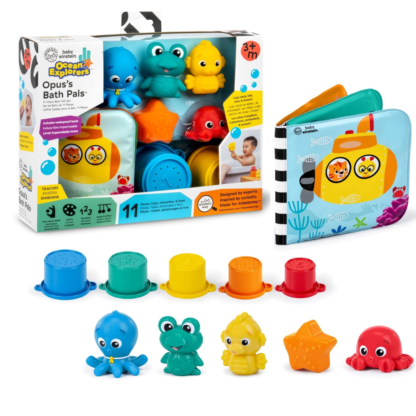Baby Einstein Ocean Explorers Opus Bath Pals 11-Piece Gift Set, Waterproof Bath Book, Bath Cups, Animal Shape Bath Toys for Baby