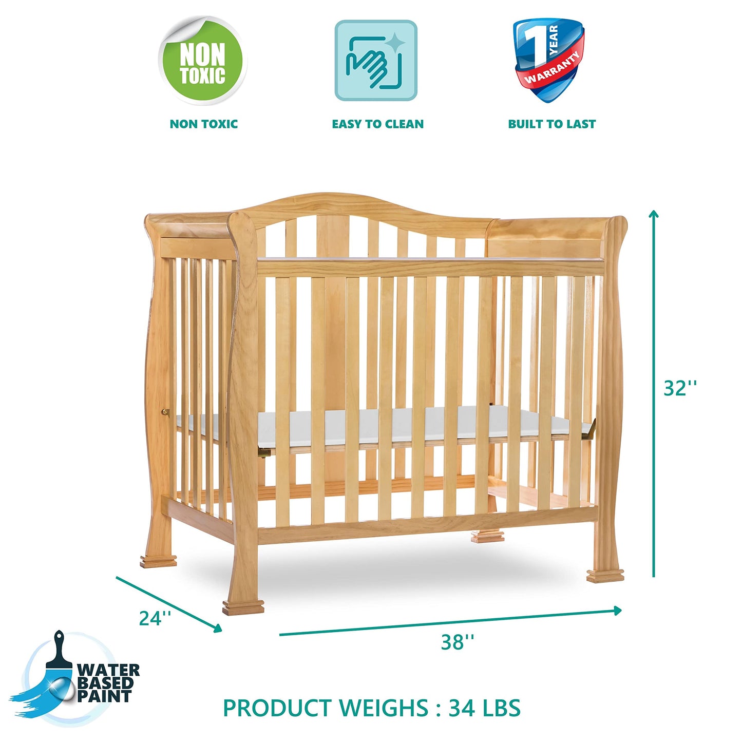 Dream On Me Addison 4-in-1 Convertible Mini Crib in Natural, Greenguard Gold Certified, Non-Toxic Finishes, Built of New Zealand