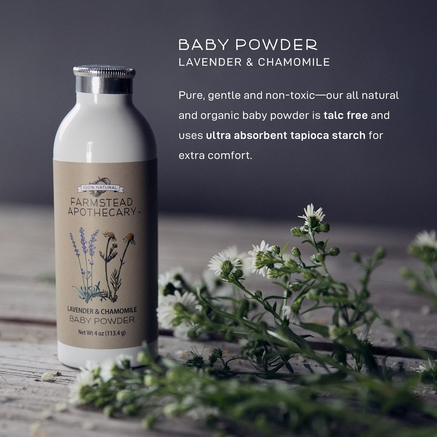 Farmstead Apothecary 100% Natural Baby Powder (Talc-Free) With Organic Tapioca Starch, Organic Chamomile Flowers, Organic Calend
