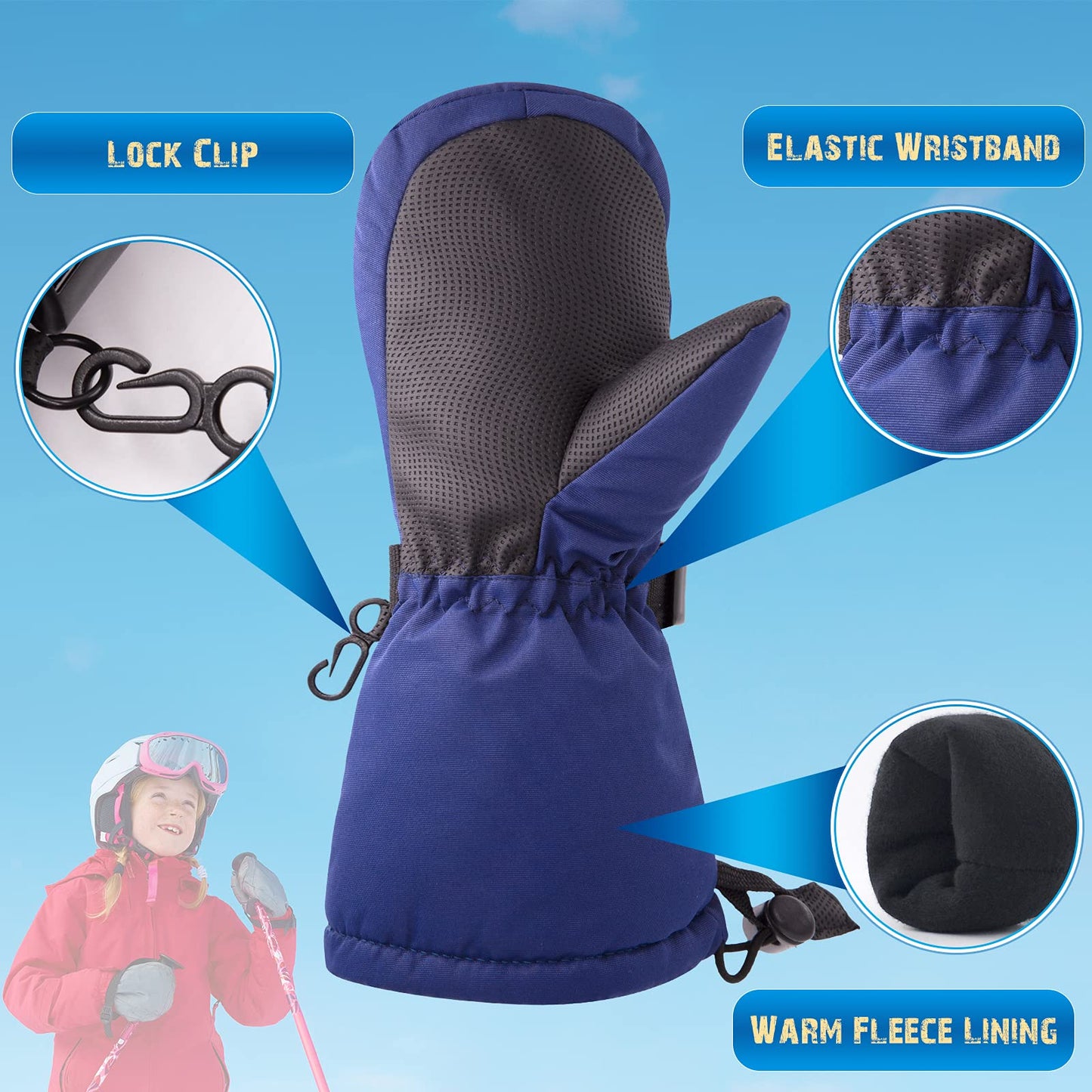 Winter Kids Waterproof Gloves For Boys Girls Snow Ski Toddler Baby Mittens Outdoor For Infant Teens 1-5T (N-Navy, M(2-4T))