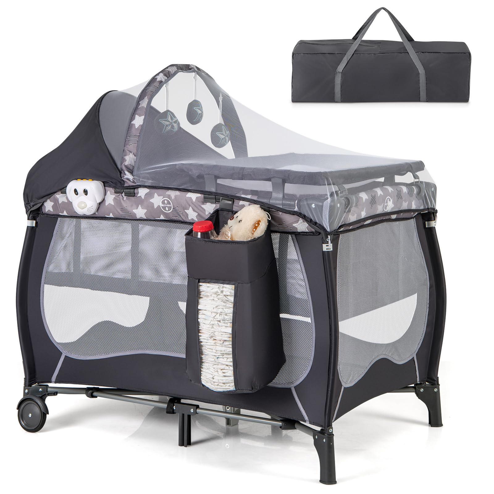 HONEY JOY Pack and Play, 4 in 1 Portable Baby Playard with Bassinet, Changing Table, Lockable Wheels, Music Box, Foldable Travel
