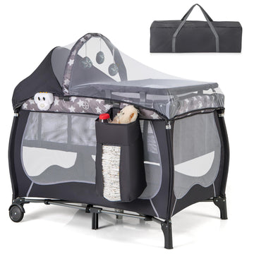 HONEY JOY Pack and Play, 4 in 1 Portable Baby Playard with Bassinet, Changing Table, Lockable Wheels, Music Box, Foldable Travel