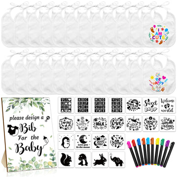 Newwiee 55 Pcs White Bibs for Baby Decorating Design a Bib Decorate Plain newborns Bibs Wooden Sign for Baby Shower Games Kit(Gr