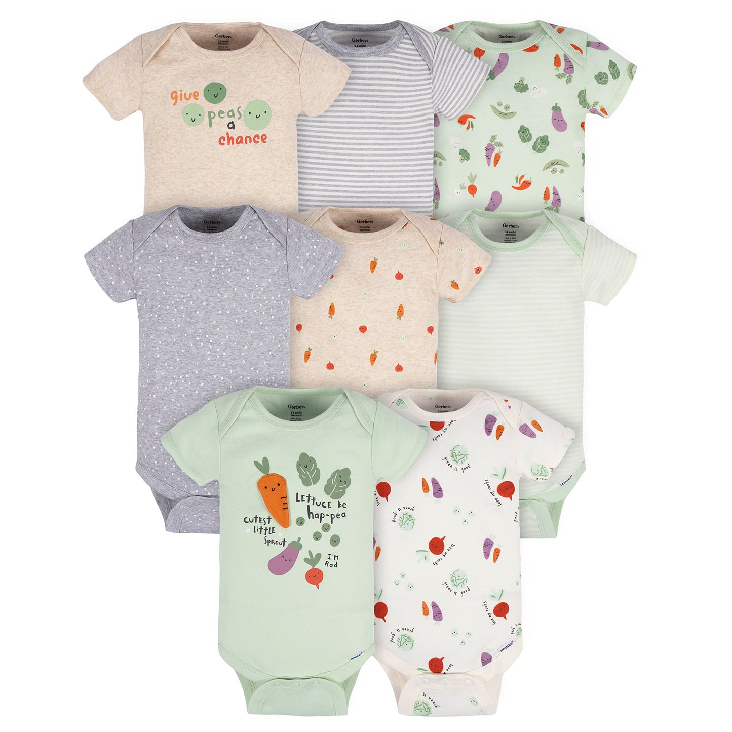 Gerber Baby 8-Pack Short Sleeve Onesies Bodysuits, Happy Veggies, 0-3 Months