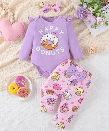 Baby Girl Clothes Gifts Outfits Spring Fall Winter Long Sleeve Romper And Pant Set Purple Donut 12-18 Months