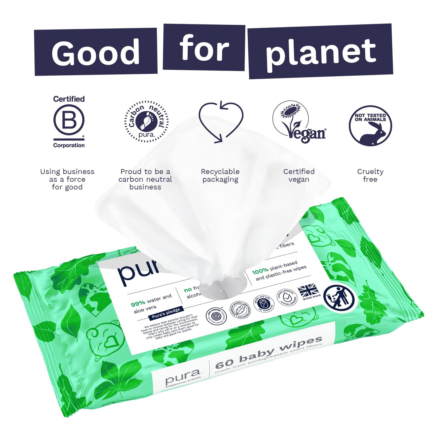 Pura Natural Sensitive Baby Wipes, 99% Water, Unscented & Hypoallergenic, Suitable For Sensitive & Eczema-Prone Skin, Hypoallerg