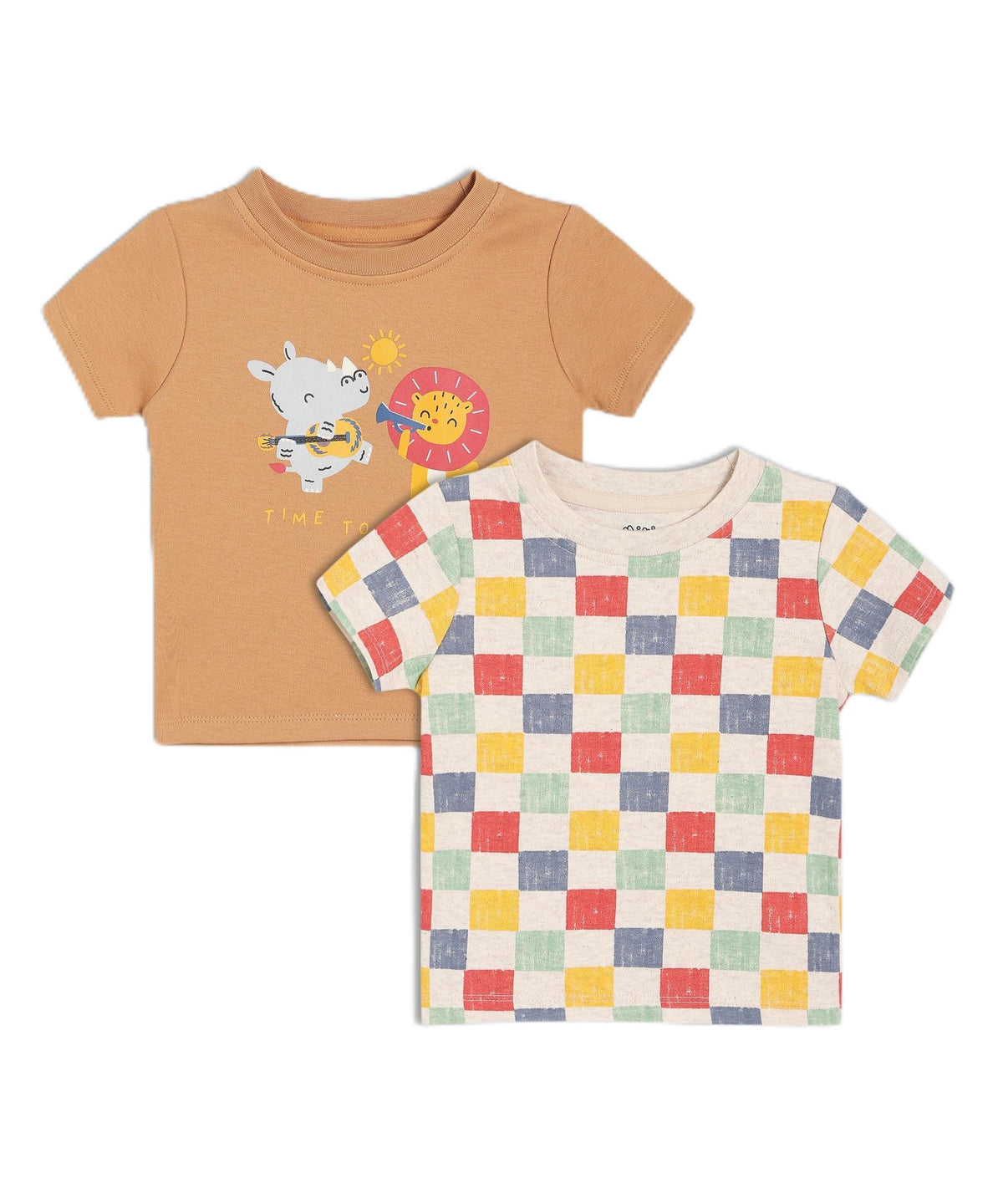 Miniklub Cotton Pack Of 2 Half Sleeve Checked & Animal Printed Tees (03M)