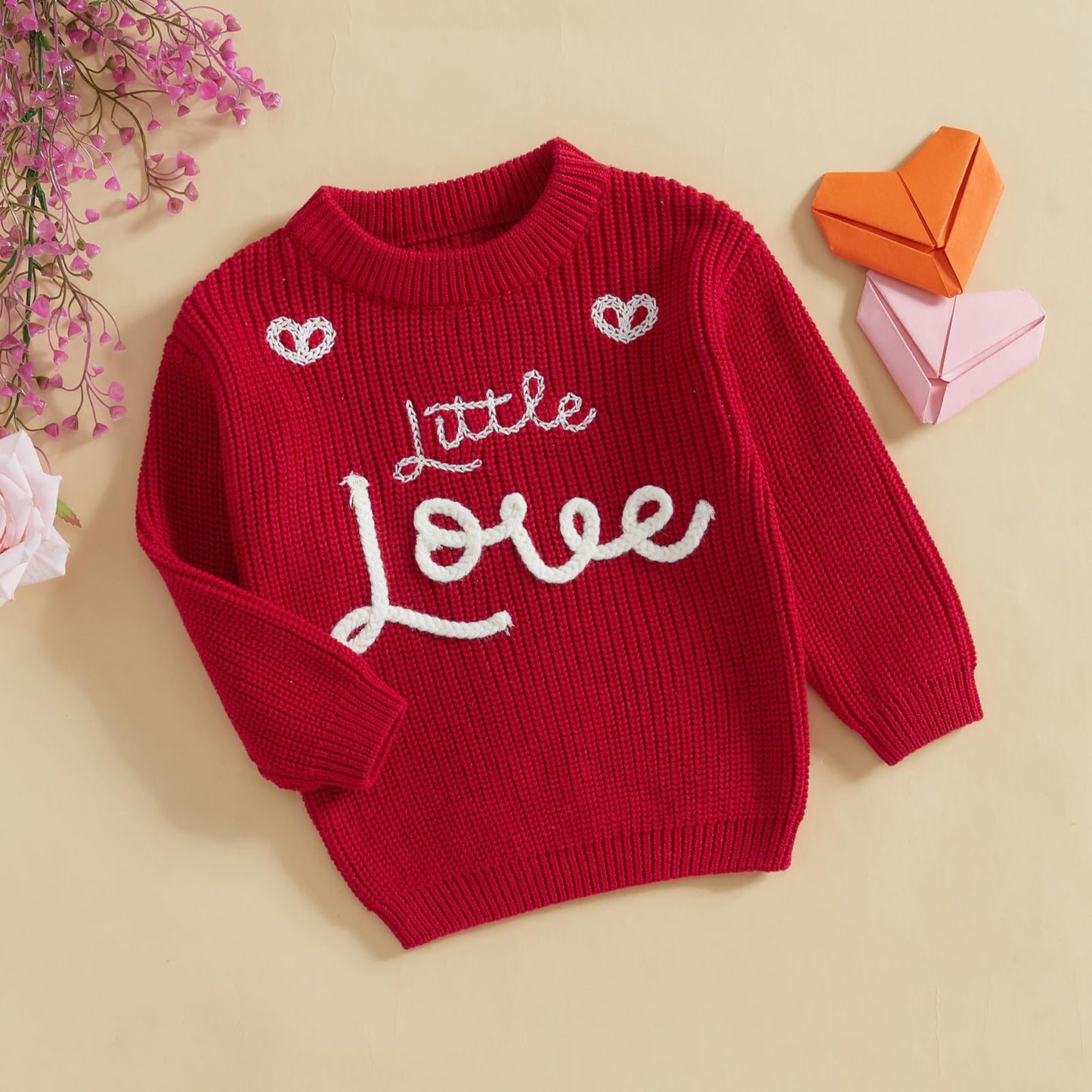 Toddler Girl Boys Valentine'S Day Knit Sweater Long Sleeve O Neck Letter Heart Embroidery Pullover Knitwear (Red, 3-4 Years)