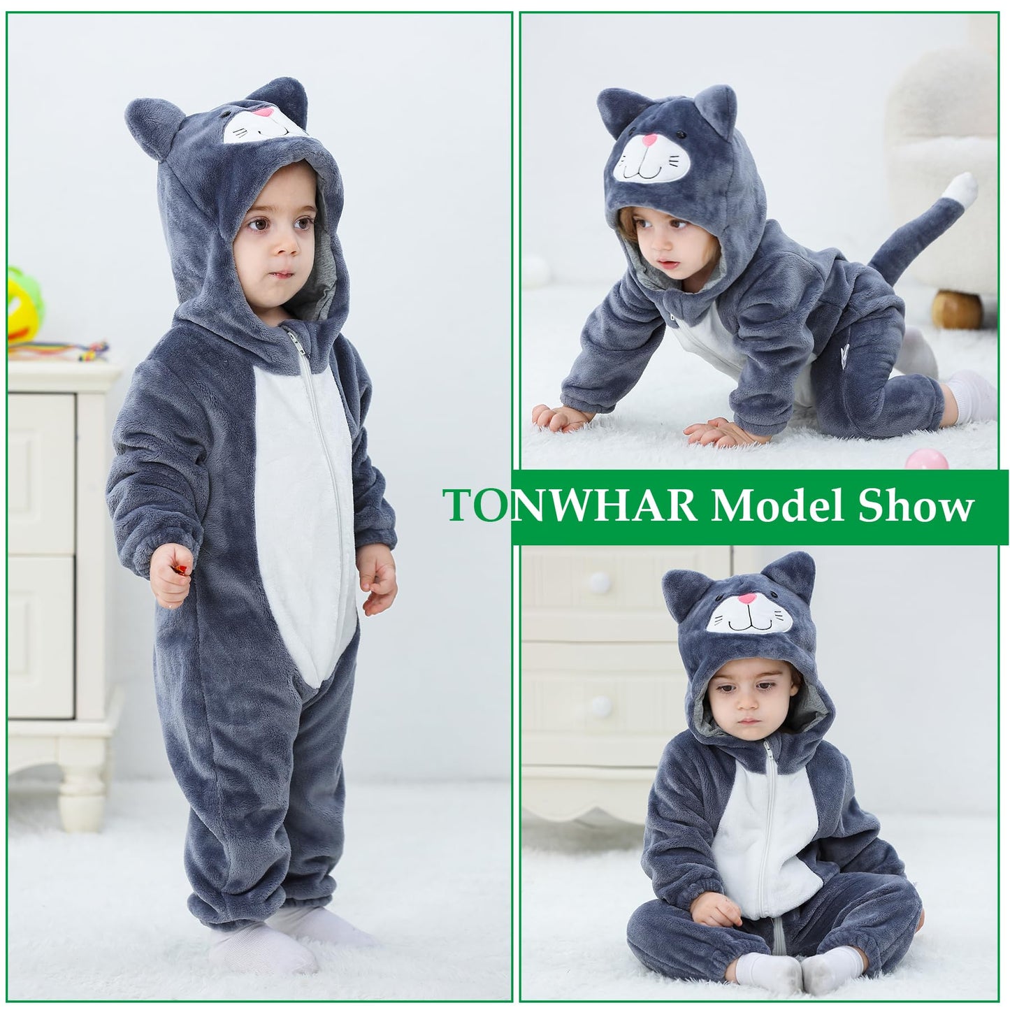 Tonwhar Unisex Baby Animal Halloween Costume Kid'S And Toddler'S Autumn Winter Outfits Jumpsuit(6-12 Months,Dark Gray Cat)