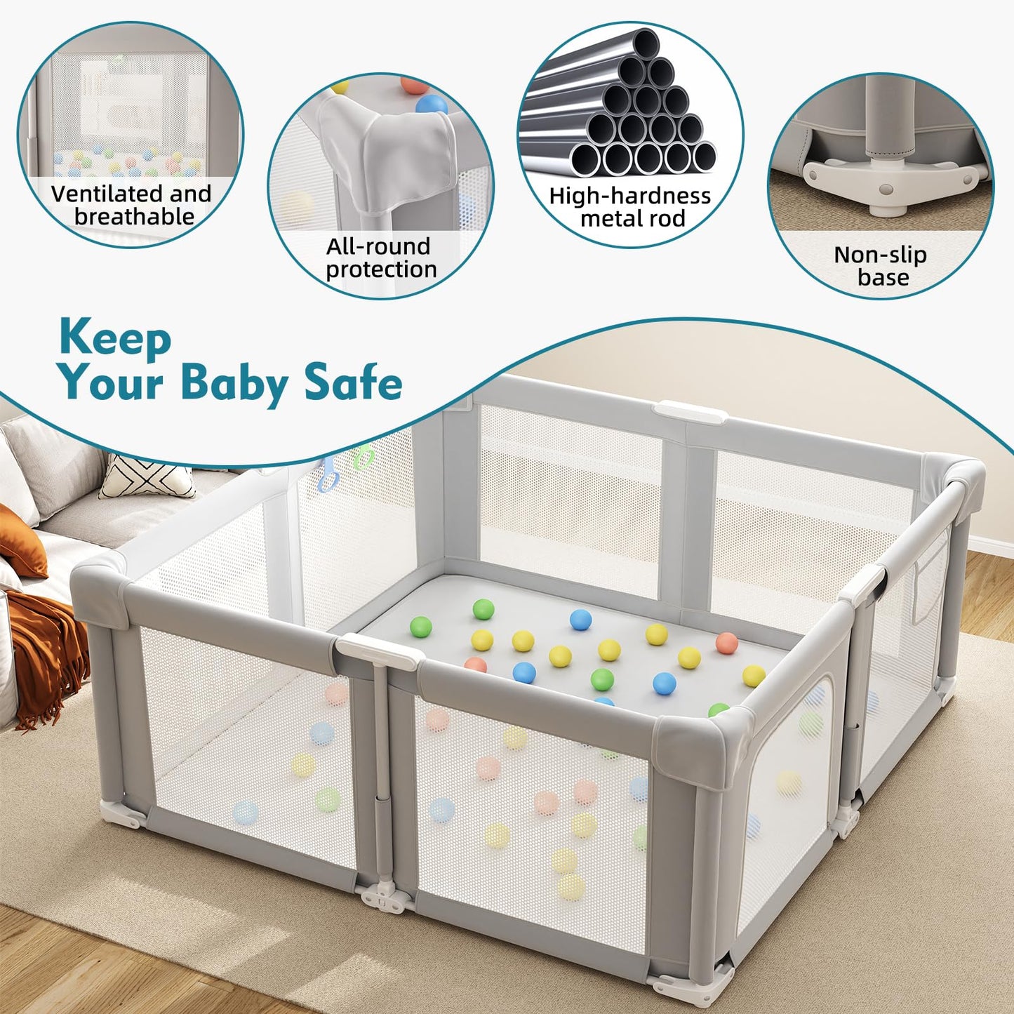 Seeday Foldable Baby Playpen, 51 Playpen for Babies and Toddlers with Mat Ocean Balls and Pull Links, Play Pen with Soft Breatha