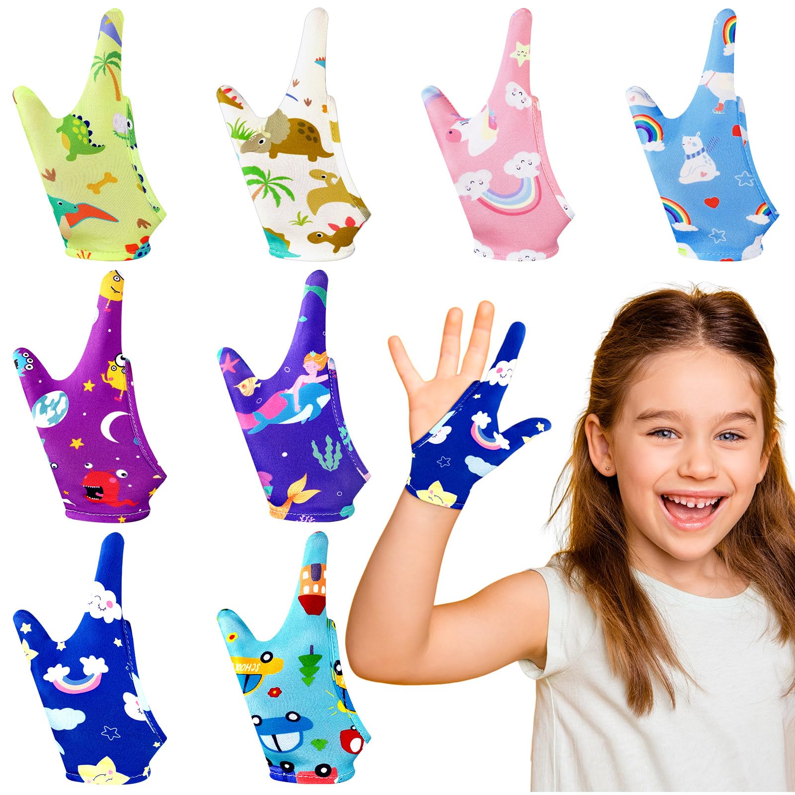 Janmercy 16 Pcs Thumb Sucking Stop for Kids Chewy Gloves Stop Breathable Thumb Guard for Nail Biting Gloves Cute Finger Sucking 