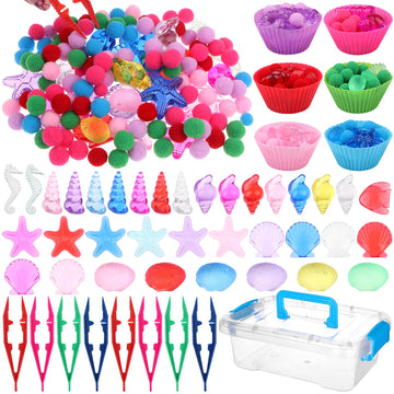 355 Pcs Summer Beach Sensory Bin Filler Fine Motor Toys Counting Sorting 200 Felt Toys 140 Resin Beach Creatures 8 Tweezers 6 Si
