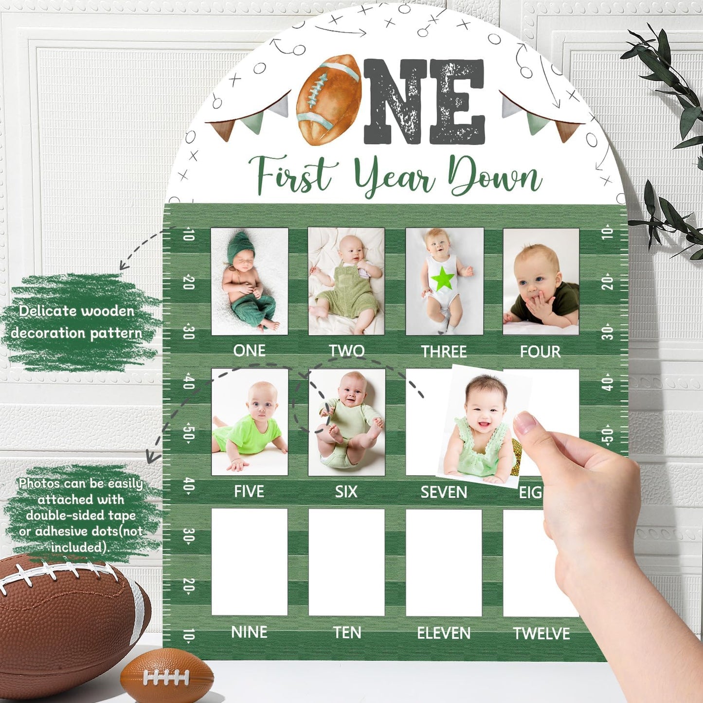 Football First Year Photo Board First Year Down Birthday Party Decorations Wooden Board 12 Monthly Milestone Picture Frame Sport