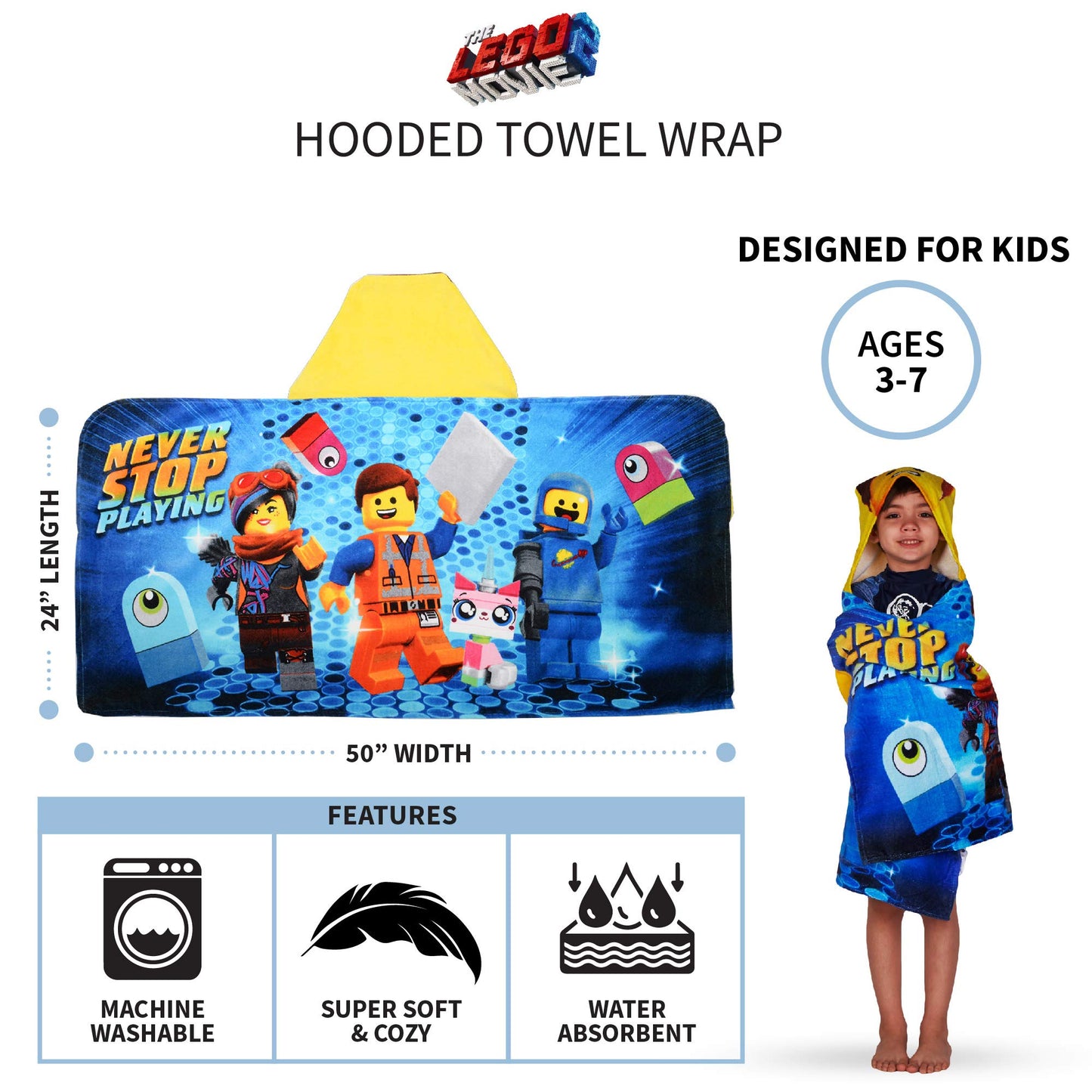 Franco Kids Bath Hooded Towel Wrap, 24 In X 50 In, Lego Movie