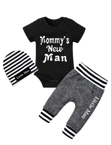 Newborn Baby Boy Clothes Mammy'S New Man Letter Print Short Sleeve Romper+Long Pants+Stripe Hat 3Pcs Outfits Set 0-3 Months