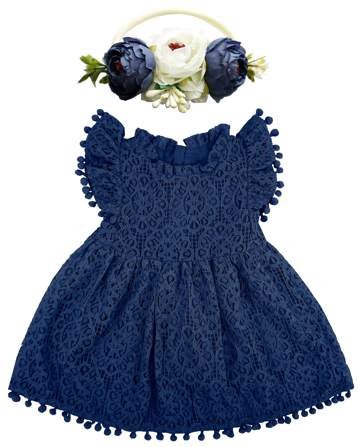 Bgfks Baby Girl Tutu Dress Elegant Lace Pom Pom Flutter Sleeve With Flower Headband Set(Navy,6 Months)