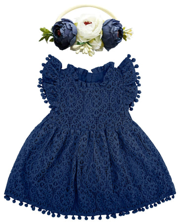 Bgfks Baby Girl Tutu Dress Elegant Lace Pom Pom Flutter Sleeve With Flower Headband Set(Navy,6 Months)