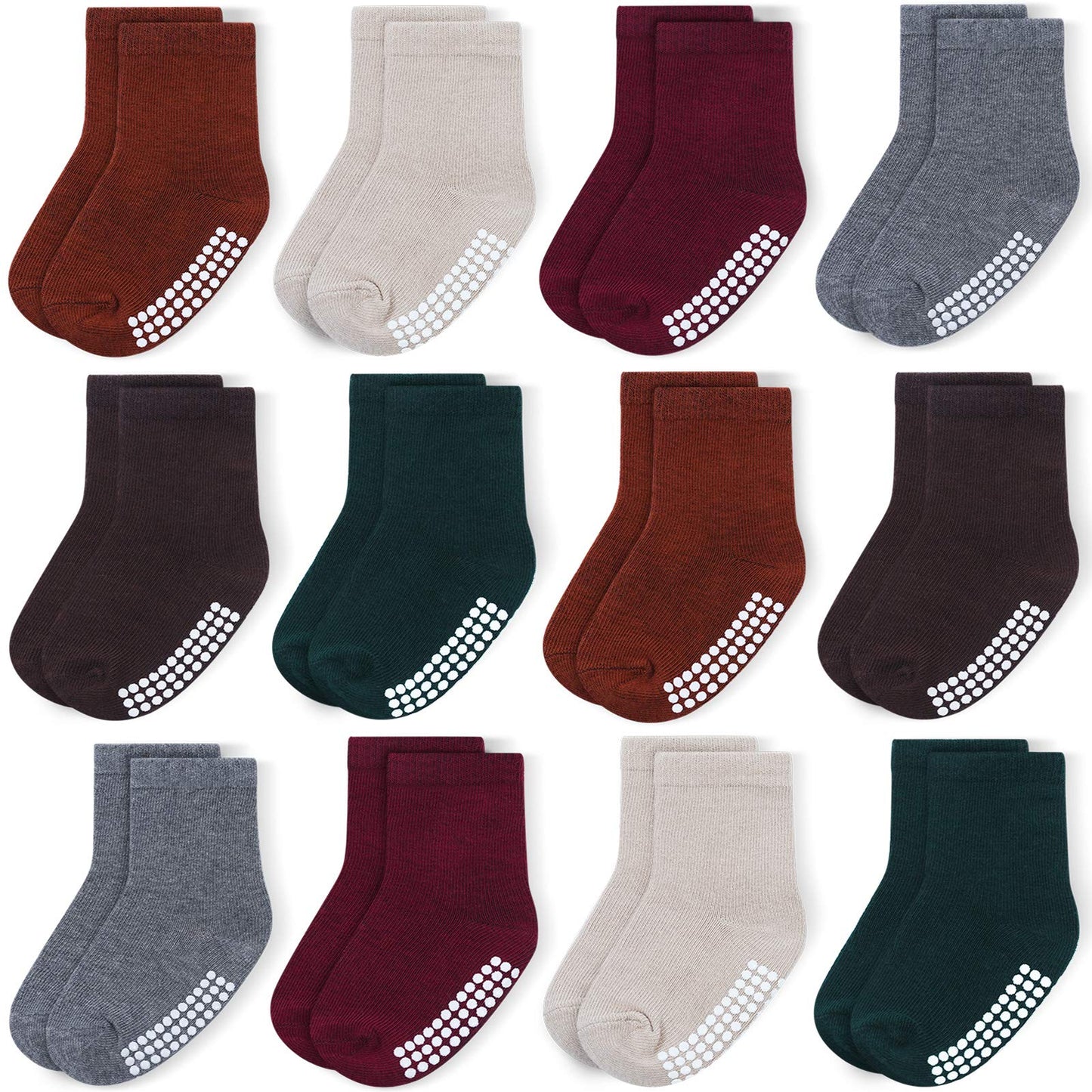 Jakidar 12 Pairs Baby Socks Cotton Crew Toddler Socks Grips Non Slip Bottom Kids Socks, Brown 6-12M