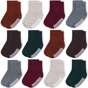 Jakidar 12 Pairs Baby Socks Cotton Crew Toddler Socks Grips Non Slip Bottom Kids Socks, Brown 6-12M
