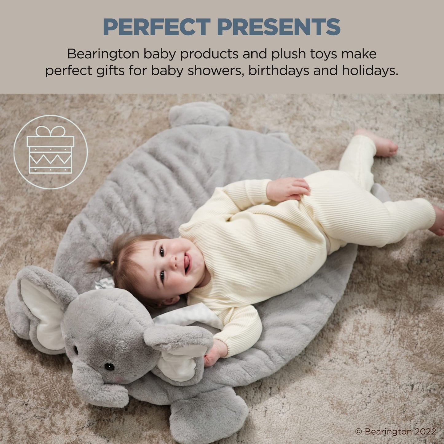 Bearington Baby Lil Spout Tummy Time Mat, 30 X 30 Inch Elephant Plush Stuffed Animal Blanket, Baby Elephant Nursery D  Cor