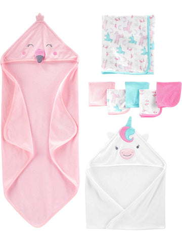 Simple Joys By Carters Baby Girls 8-Piece Towel And Washcloth Set, Pink Flamingowhite Unicorn, One Size