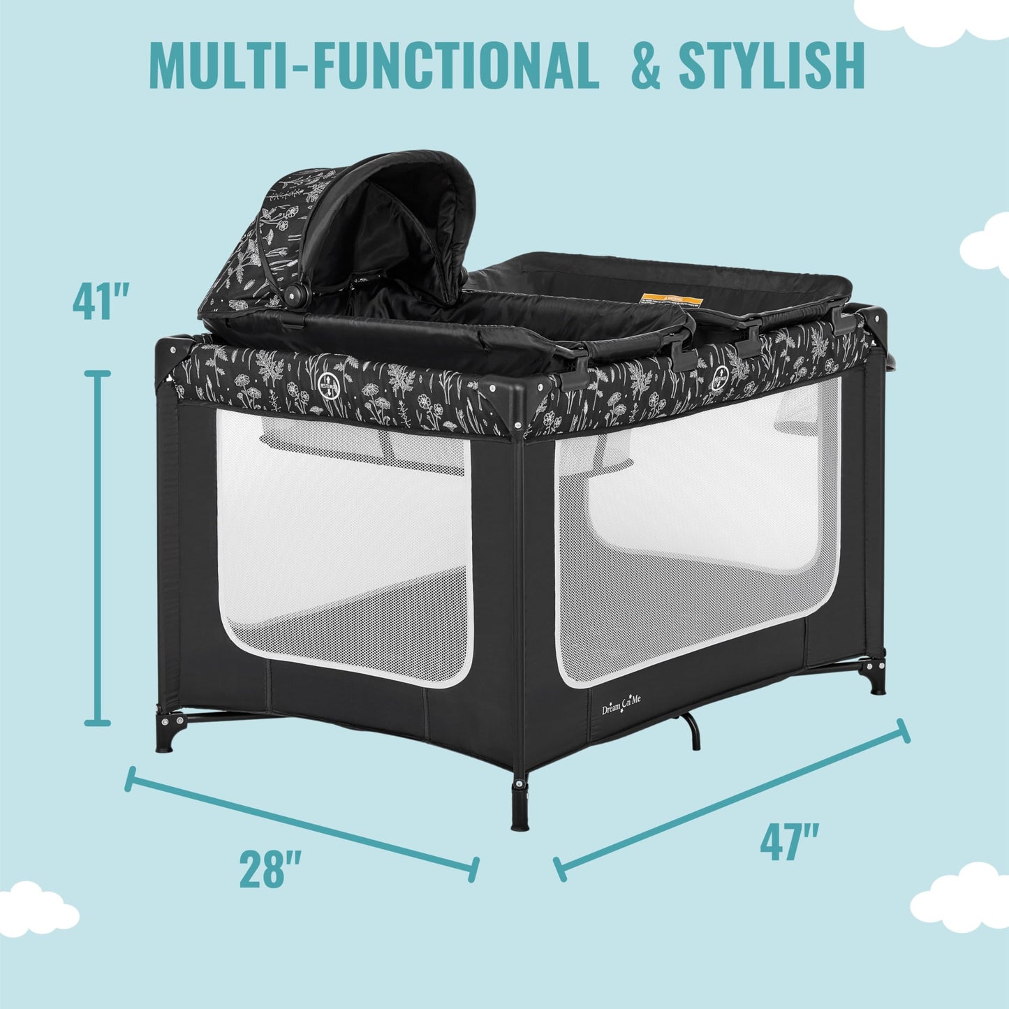 Dream On Me Emily Rose Deluxe Playard In Black And White With Infant Bassinet And Changing Tray, Lightweight Portable And Conver