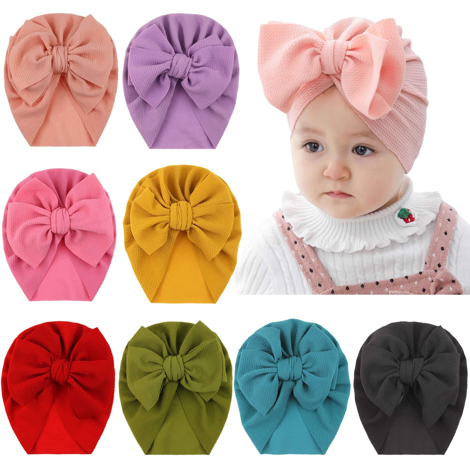 Insowni 8 Pack Solid Large Turban Hat Cap Beanie Bonnet With Big Hair Bow Hospital Baby Hats Knot Headwraps Turbans For Newborn