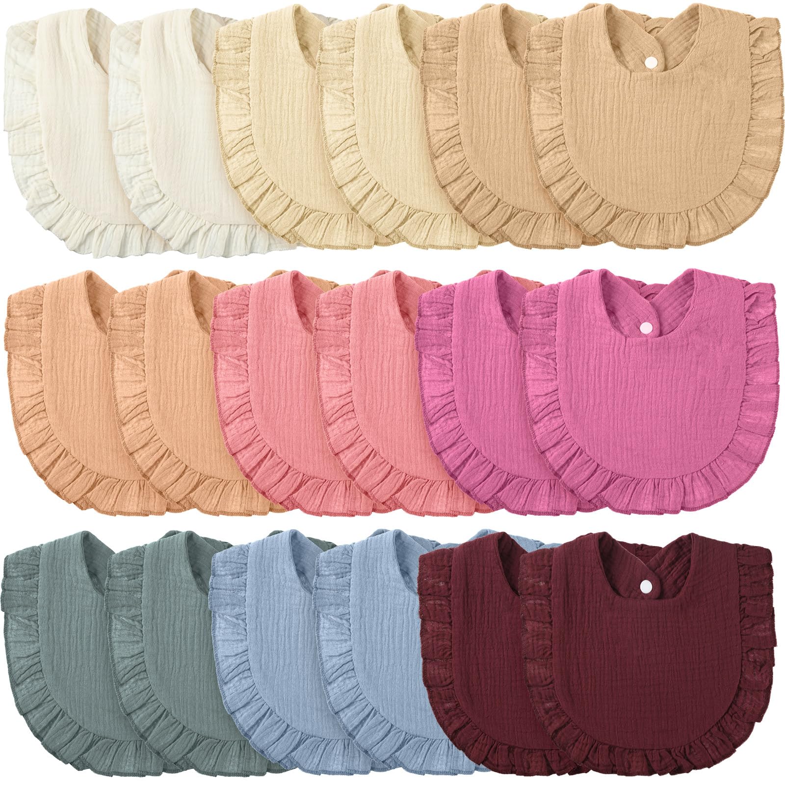 Kenning 18 Pcs Muslin Drool Baby Bibs Ruffle Absorbent Bib with Snap Button Boy Girl for Drooling Teething Infant Newborn(Pink,S
