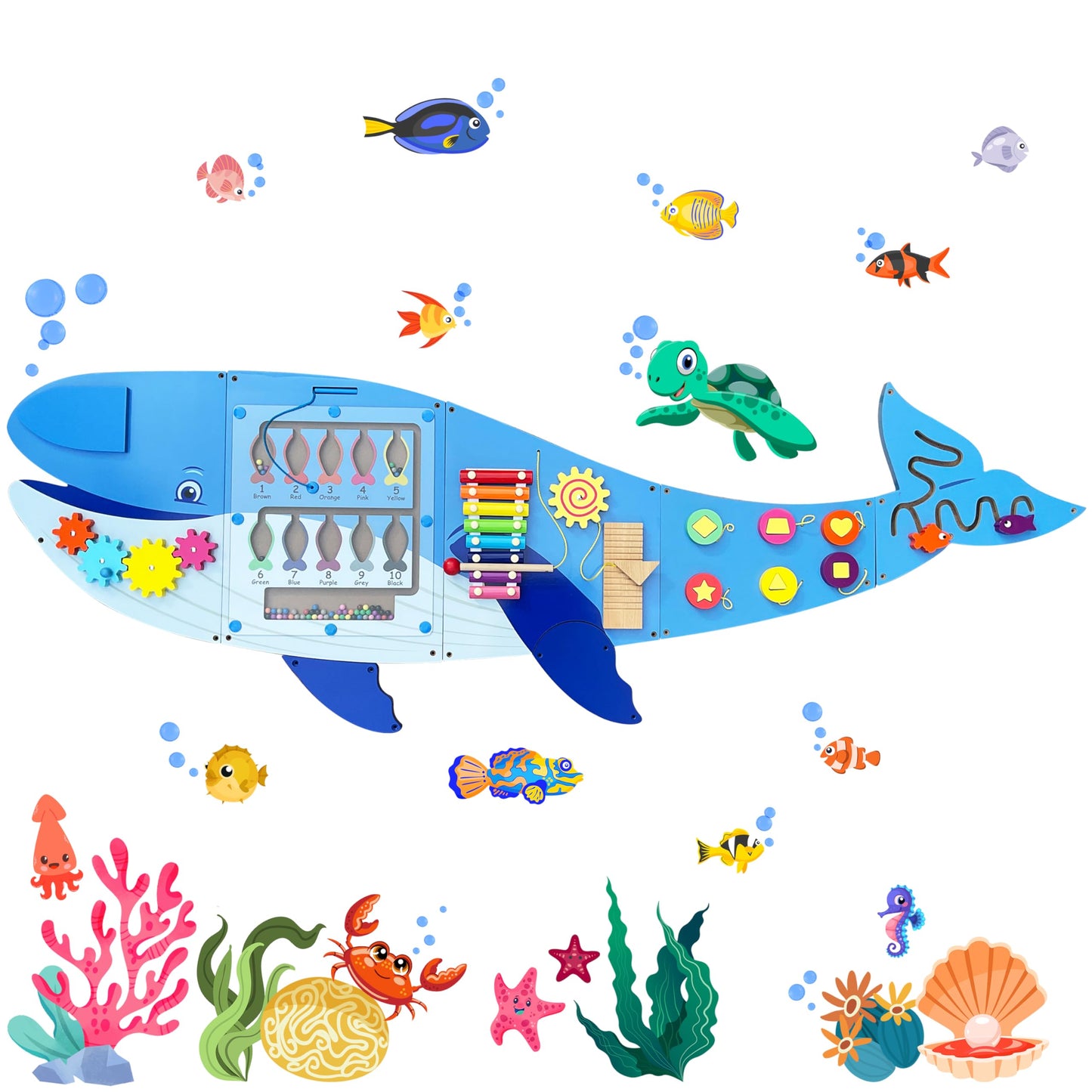 Molcey Whale Sensory Wall Panel for Kids, Includes Removable Theme Stickers, Busy Board Wall Toys for Toddlers, Activity Perfect
