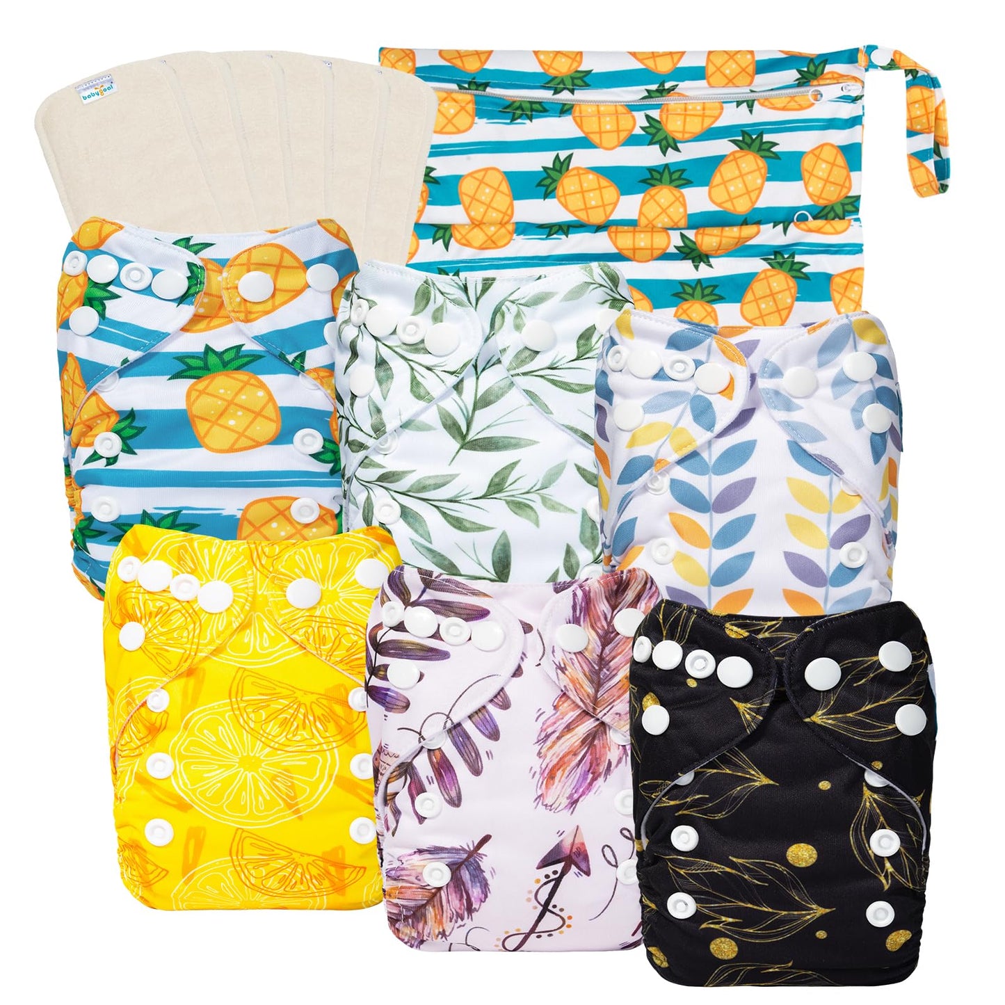 babygoal Newborn Cloth Diapers Pack of 13 for 5-12lbs Preemie Boy, Cloth Diaper Covers 6 Pack with 6pcs Inserts and Wet Bag, Reu