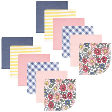 Hudson Baby Unisex Baby Flannel Cotton Washcloths, Pink Blue Pretty Floral 12 Pack, One Size