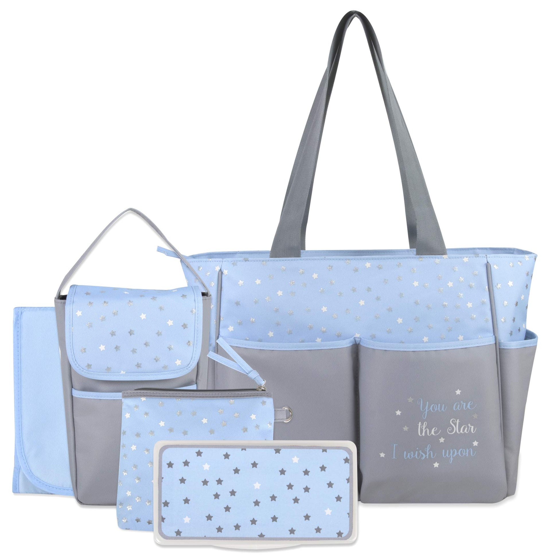 Diaper Bag Tote 5 Piece Set With Sun, Moon, And Stars, Wipes Pocket, Dirty Diaper Pouch, Changing Pad (Grey/Blue)