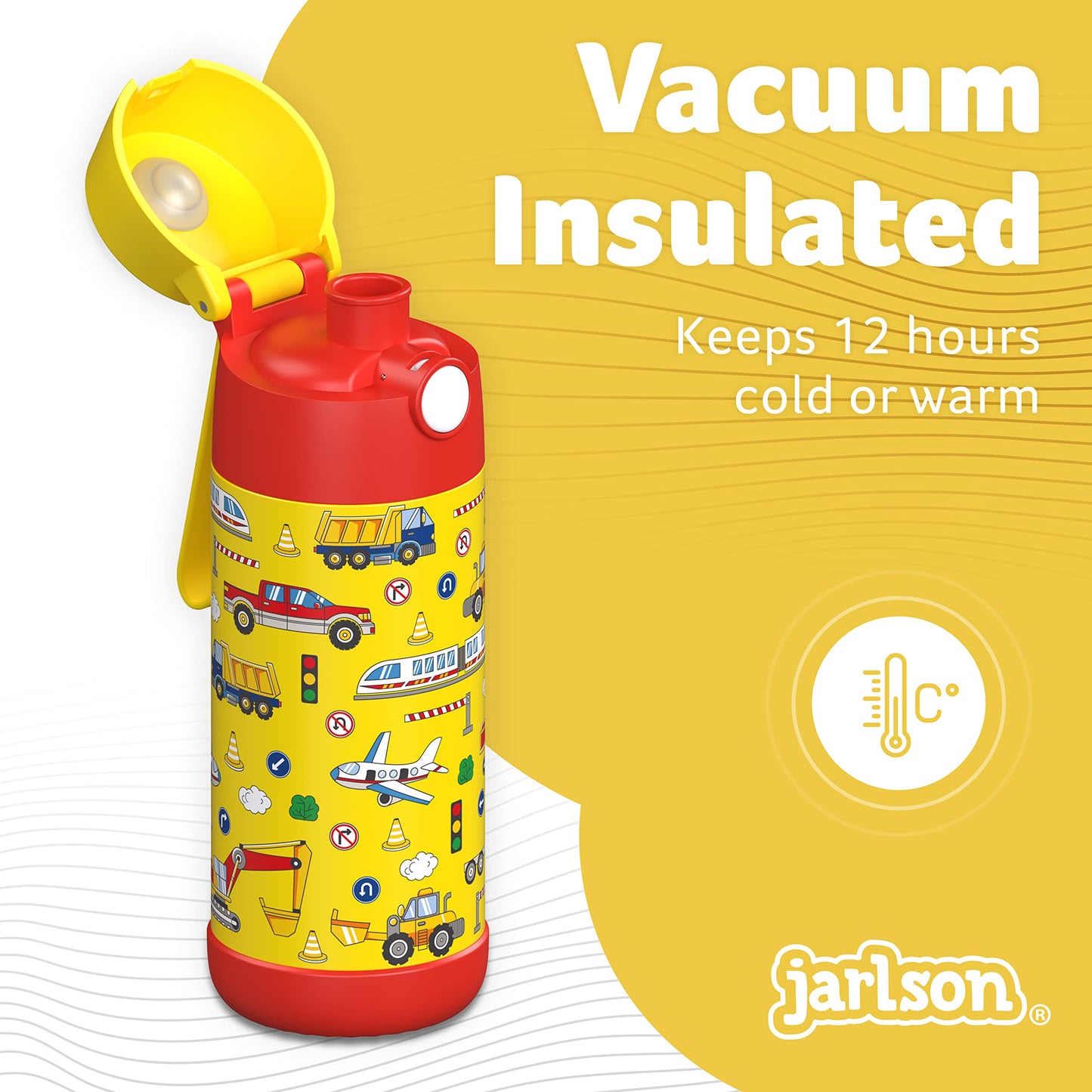 Jarlsona Kids Water Bottle - Mali - Insulated Stainless Steel Water Bottle With Chug Lid - Thermos - Girlsboys (Vehicles Mosaic,
