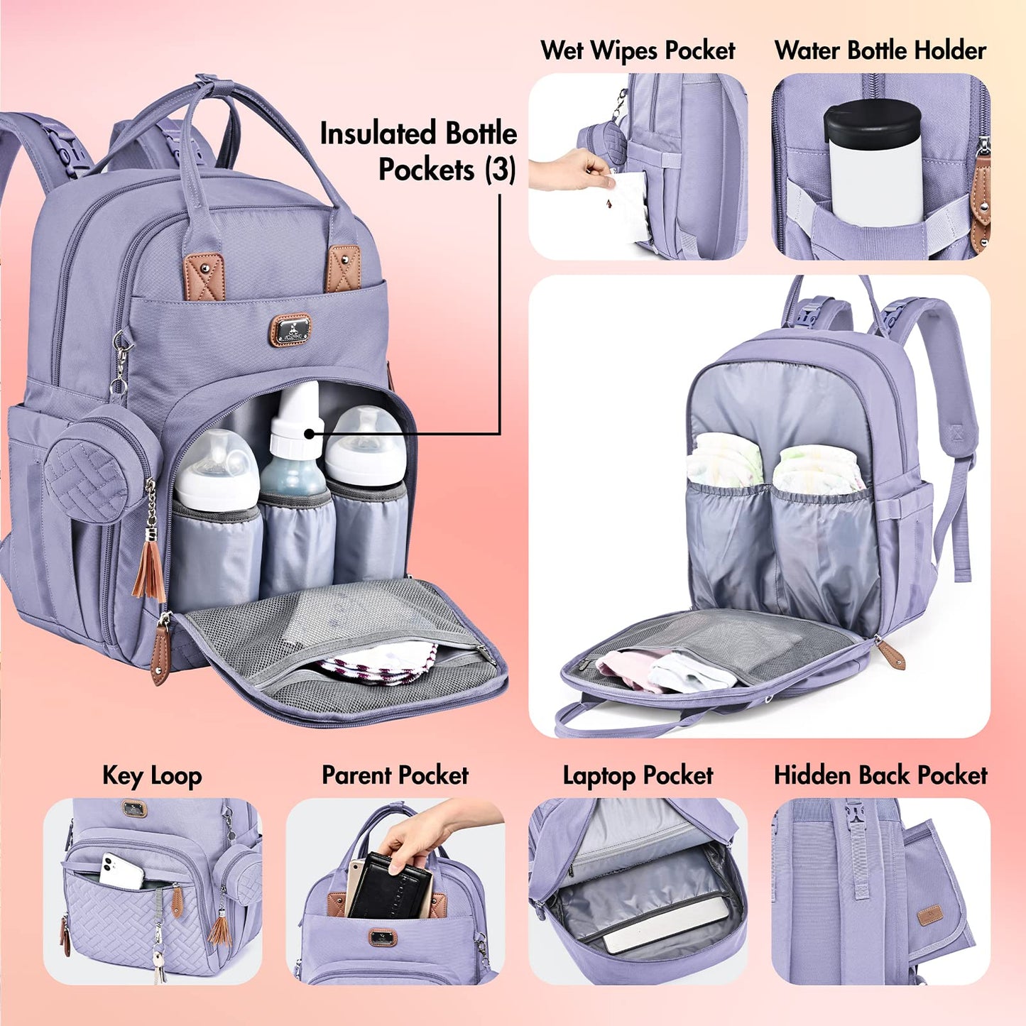 Dikaslon Diaper Bag Backpack With Portable Changing Pad, Pacifier Case And Stroller Straps, Large Unisex Baby Bags For Boys Girl