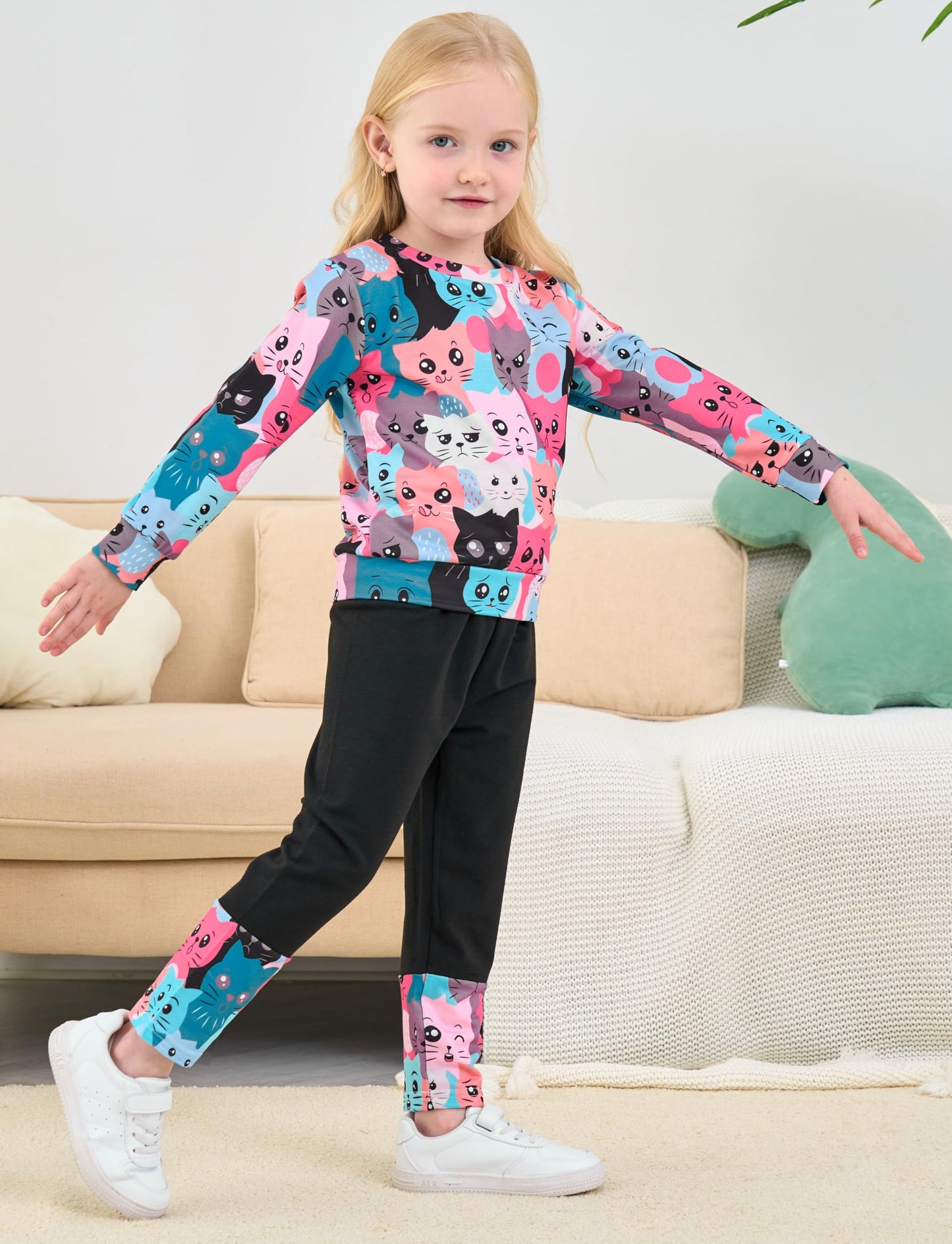 Retsugo Girls Cat Outfit Cat Clothes For Girls Kitty Shirts Cartoon Sweatshirts Top Black Leggings 2Pcs Girl Clothes Fall/Winter