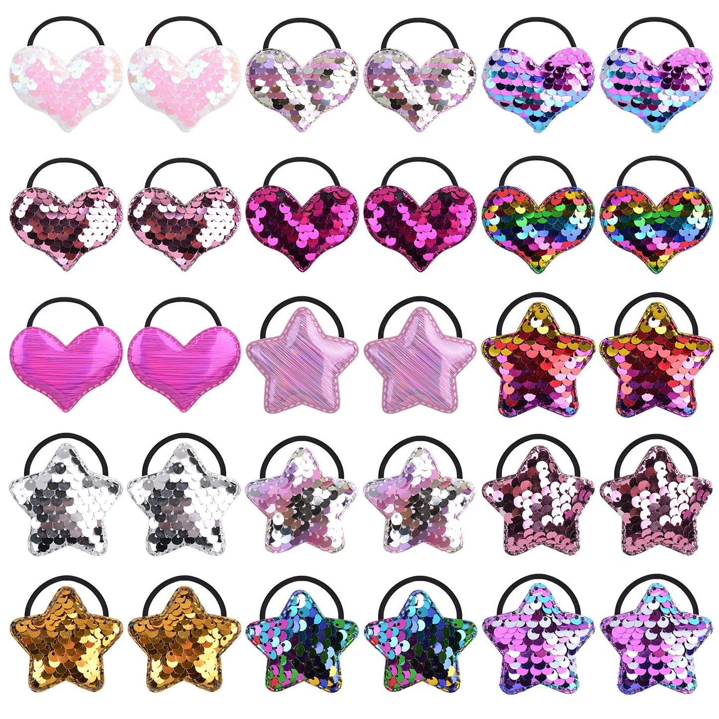 Insowni 30 Pack/15 Pairs Glitter Sequin Heart Star Hair Ties Scrunchies Elastics Pigtail Ponytail Holders Hair Bows Rubber Bands