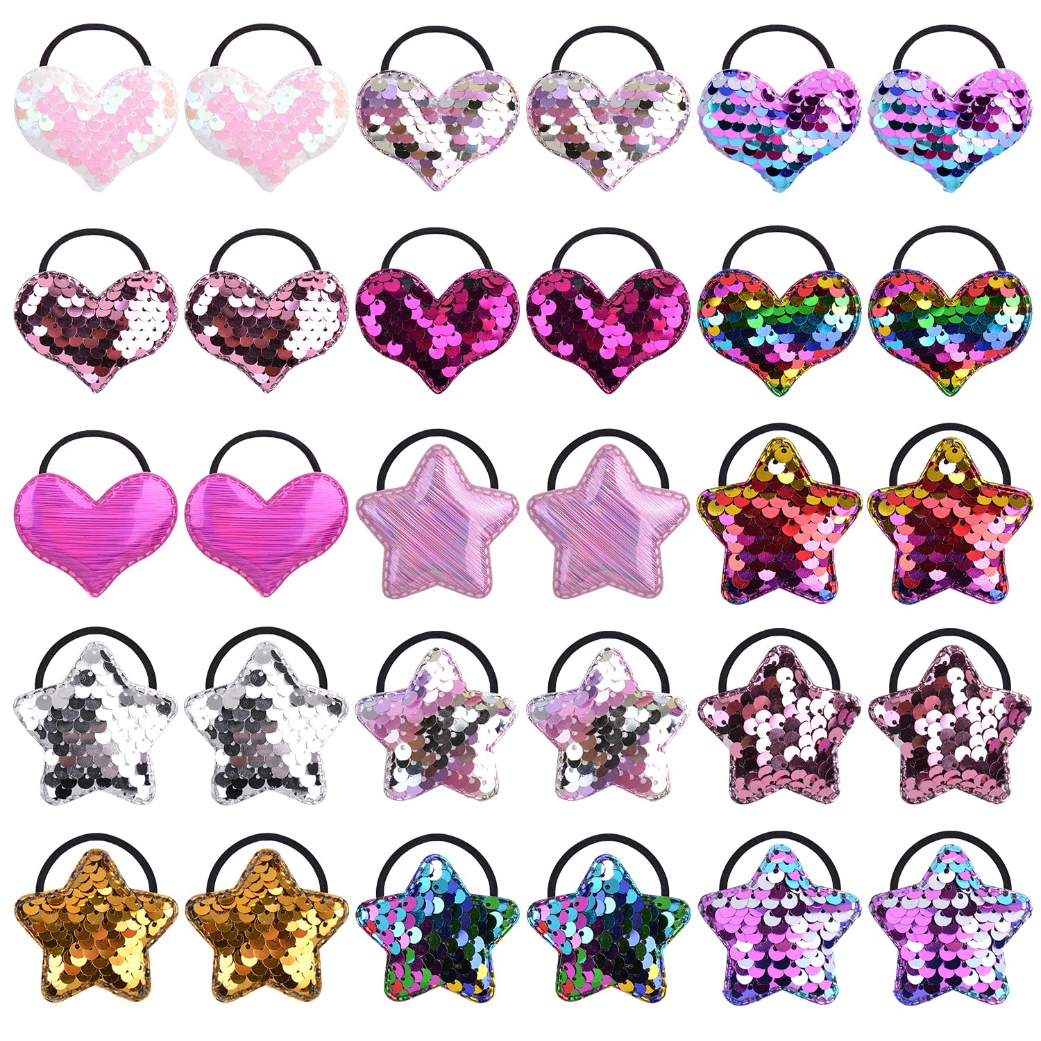 Insowni 30 Pack/15 Pairs Glitter Sequin Heart Star Hair Ties Scrunchies Elastics Pigtail Ponytail Holders Hair Bows Rubber Bands